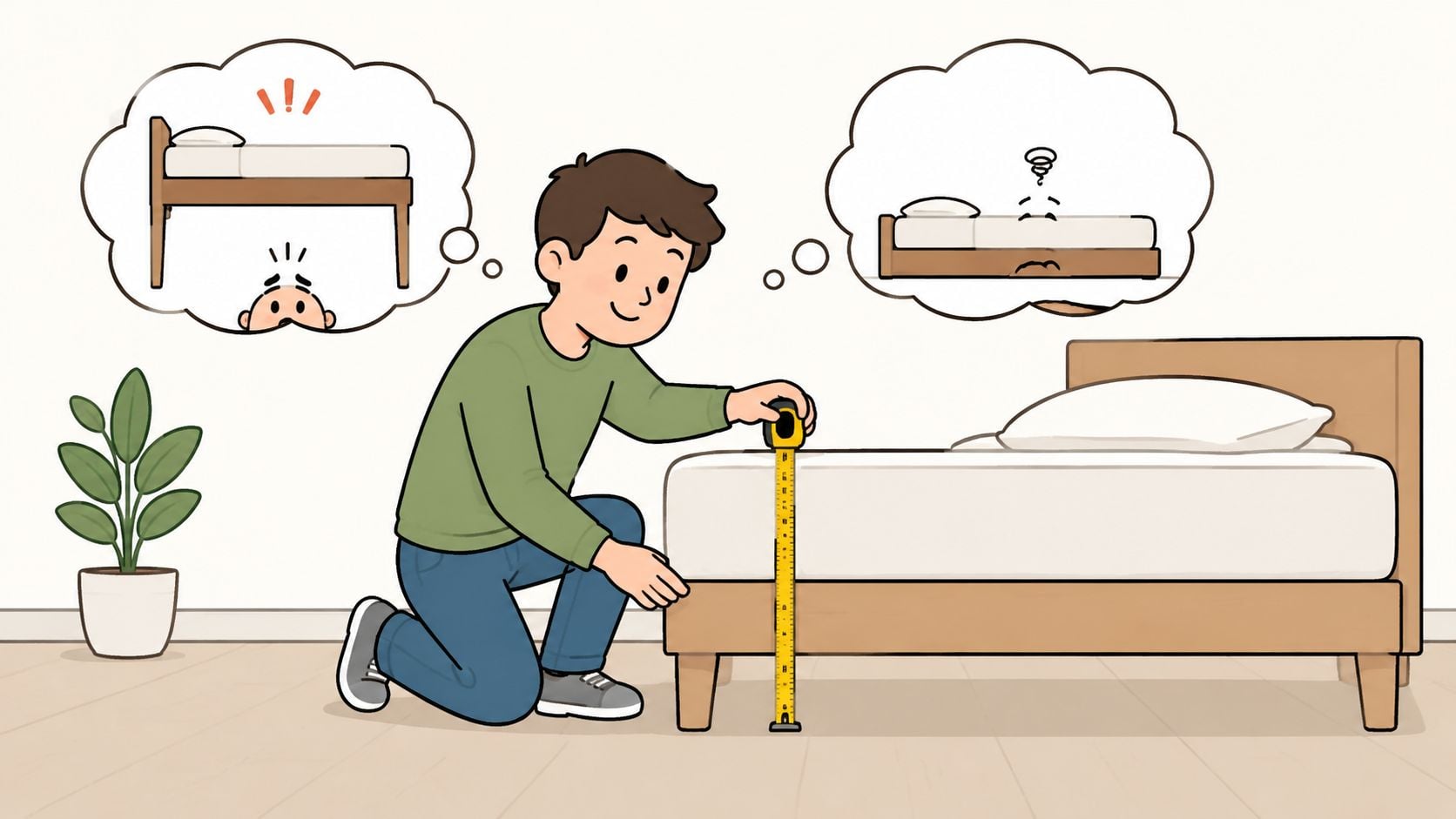 A man measuring the height of a bed frame to check for a box spring replacement.