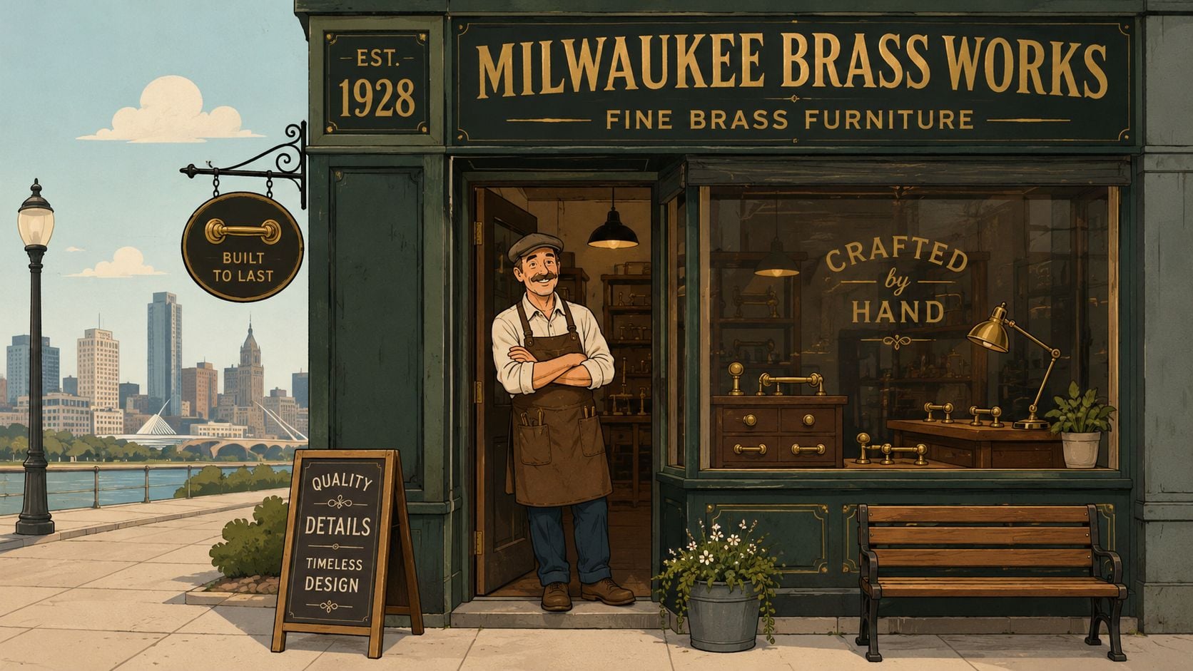 A friendly artisan stands in the doorway of a charming Milwaukee brass furniture shop along the river.