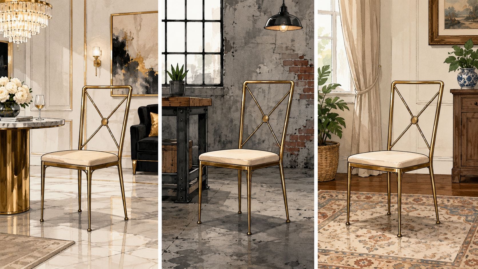 A triptych showing a sleek gold metal dining chair in three different interior design styles and rooms.
