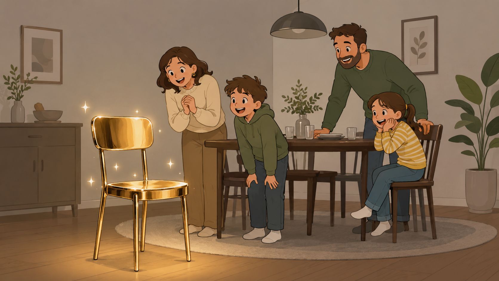 A happy family excitedly looking at a shining golden dining chair placed in their living room.