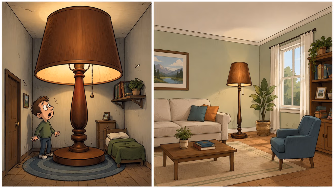 A split image showing a giant brown floor lamp in a small room versus a standard lamp.
