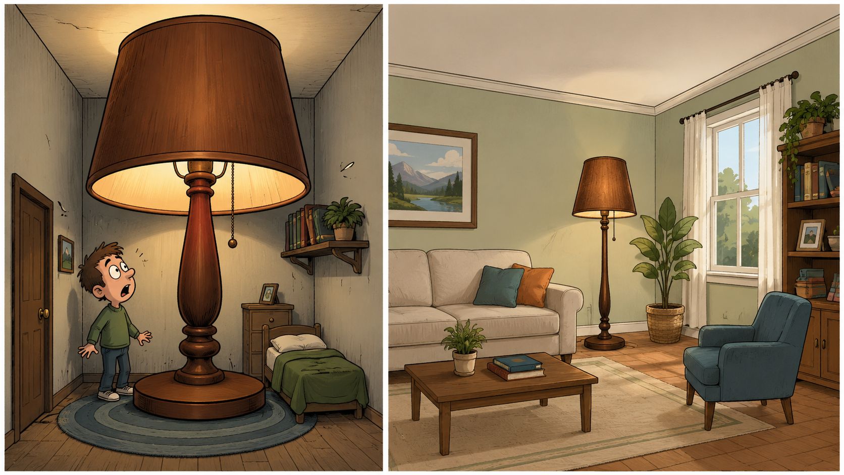 A split image showing a giant brown floor lamp in a small room versus a standard lamp.