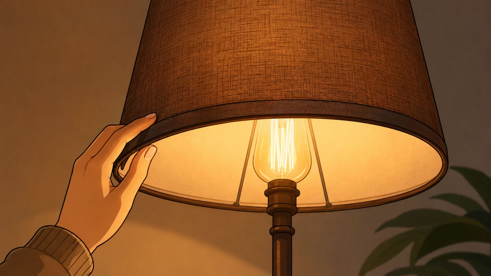 A close-up illustration of a hand reaching out to touch a warm, glowing vintage brown floor lamp.