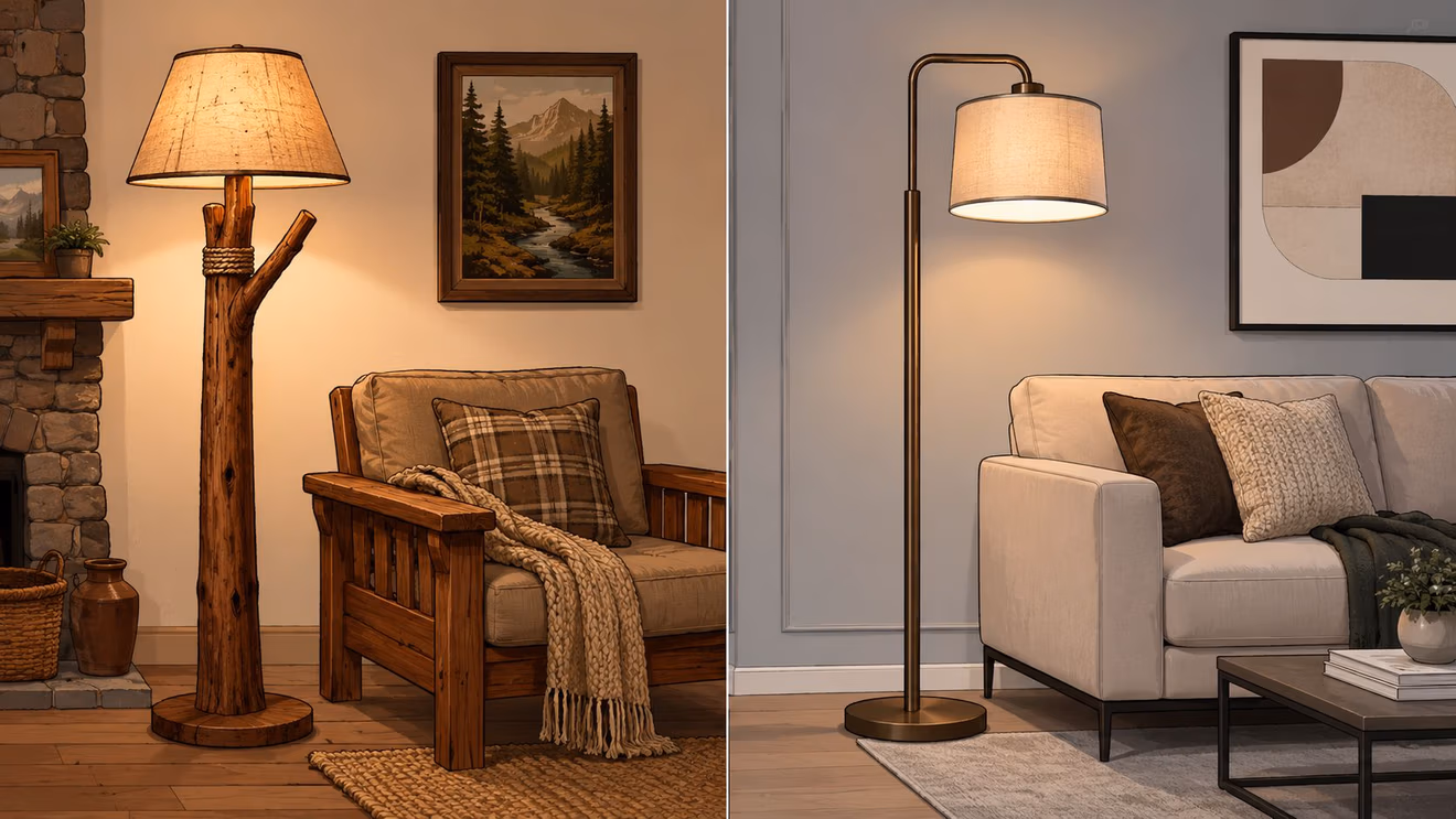 A split image showing a rustic wood floor lamp beside an armchair and a modern metal floor lamp.