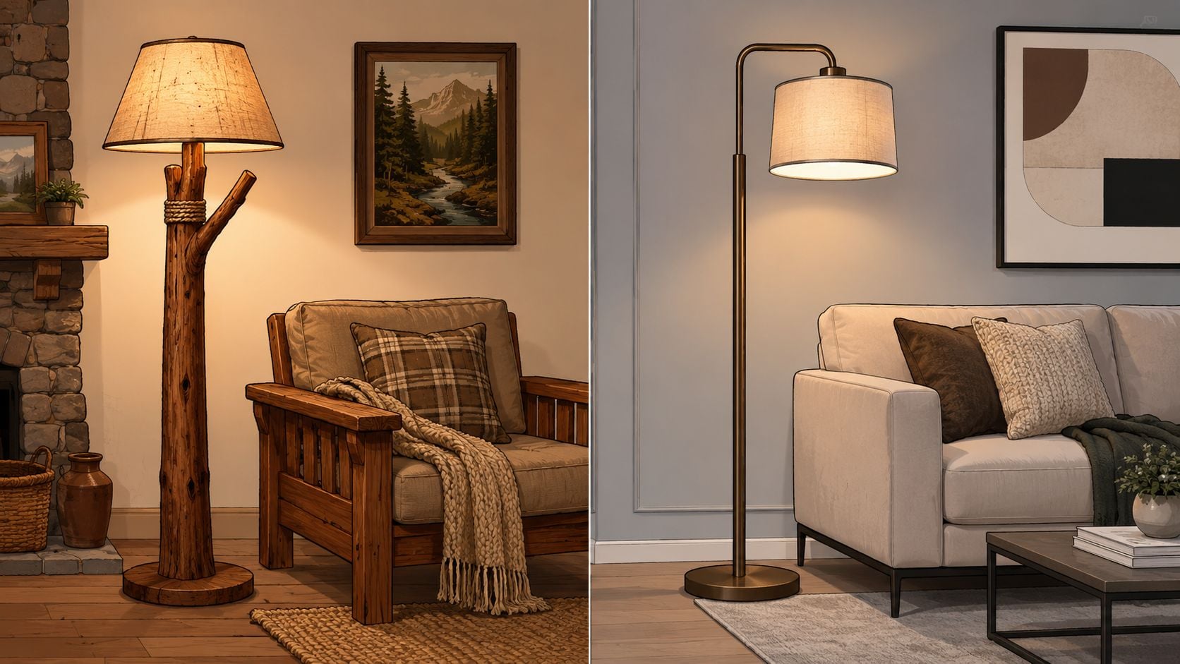 A split image showing a rustic wood floor lamp beside an armchair and a modern metal floor lamp.