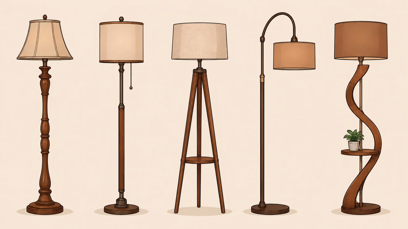 A collection of five different styles of brown floor lamps against a solid light beige background.