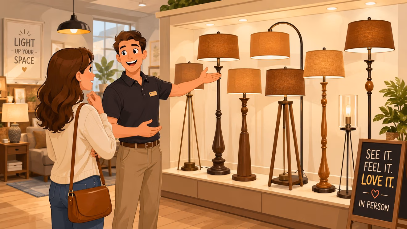 A friendly sales associate shows a variety of stylish brown floor lamps to a customer in store.