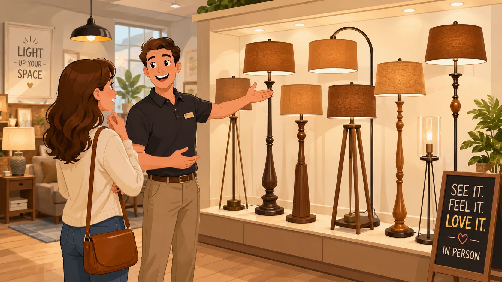 A friendly sales associate shows a variety of stylish brown floor lamps to a customer in store.