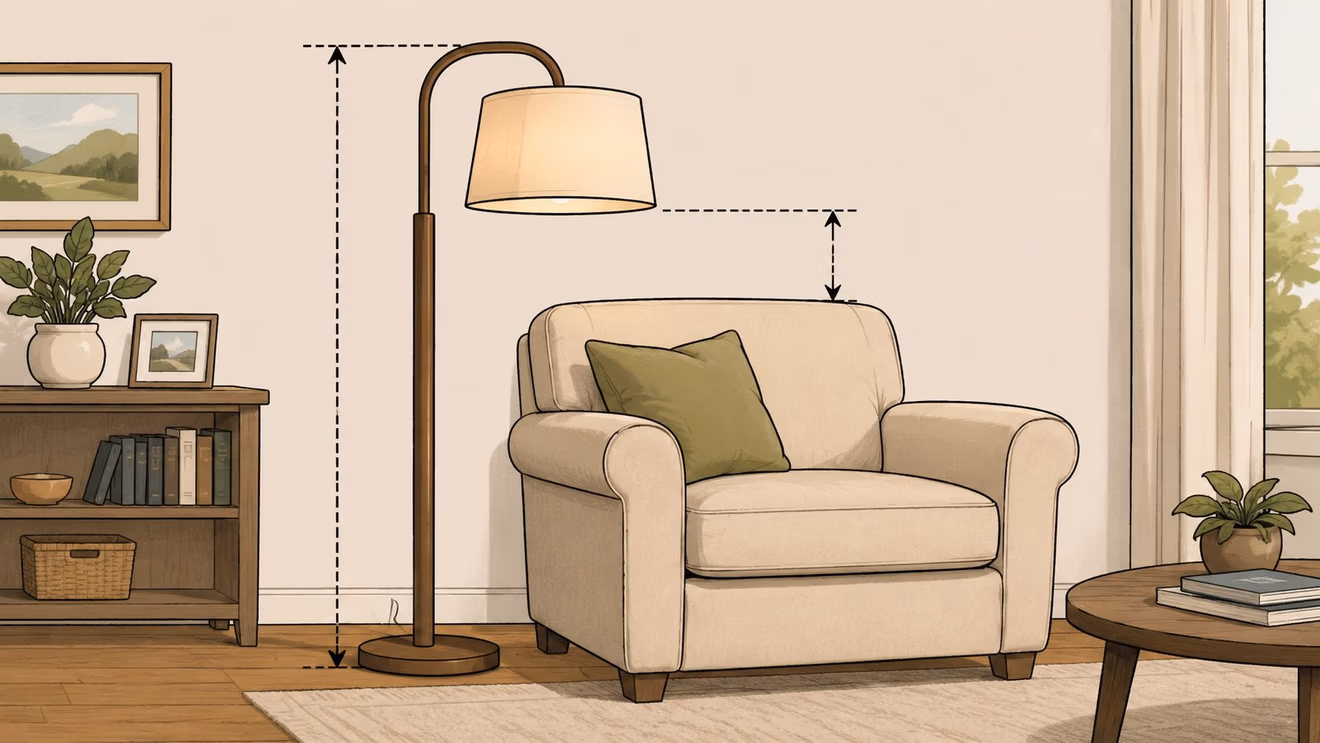 An armchair positioned next to a tall brown floor lamp with a beige drum shade in a living room.