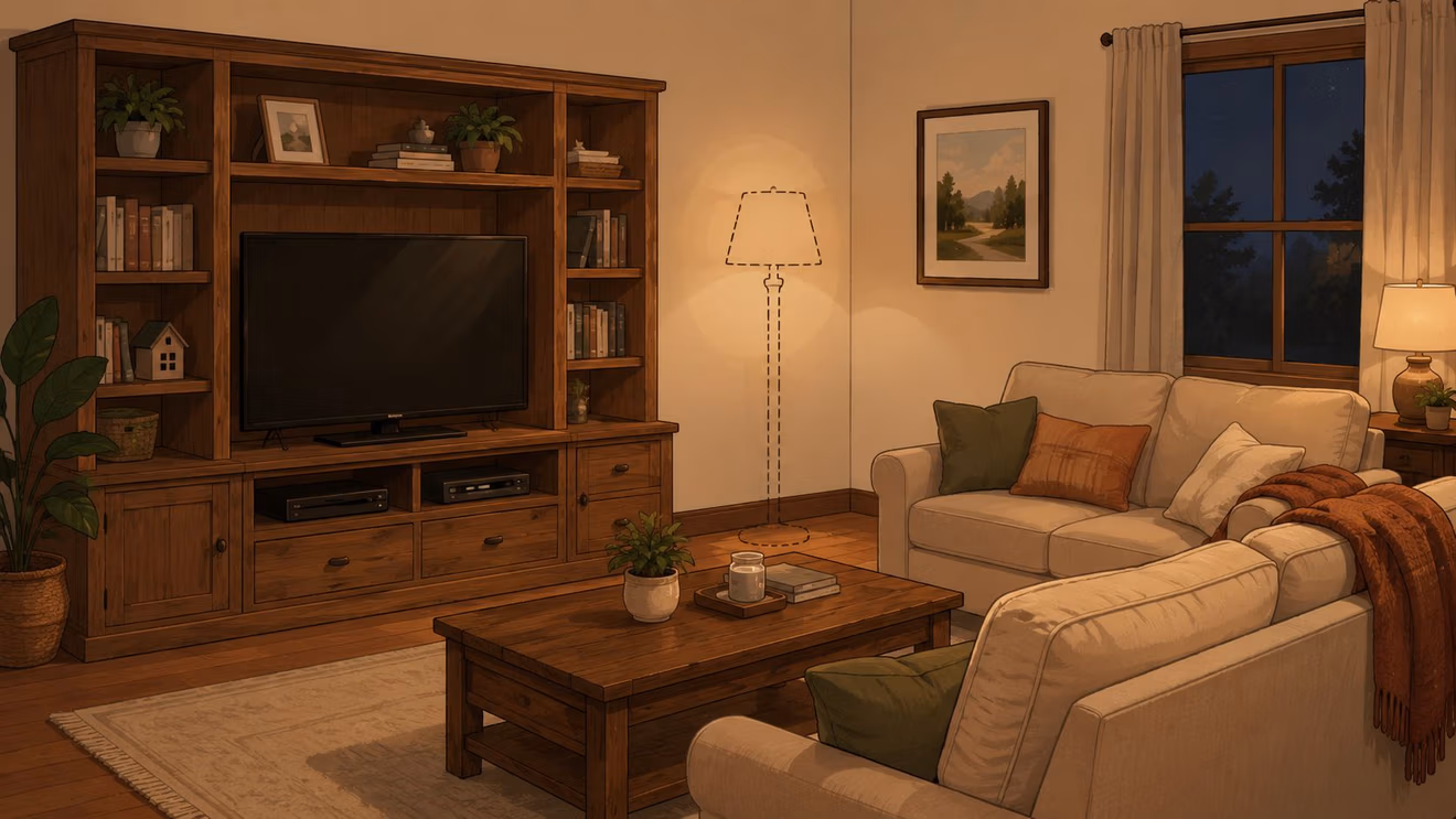 A cozy living room at night featuring a brown floor lamp, wooden entertainment center, and comfortable sofas.