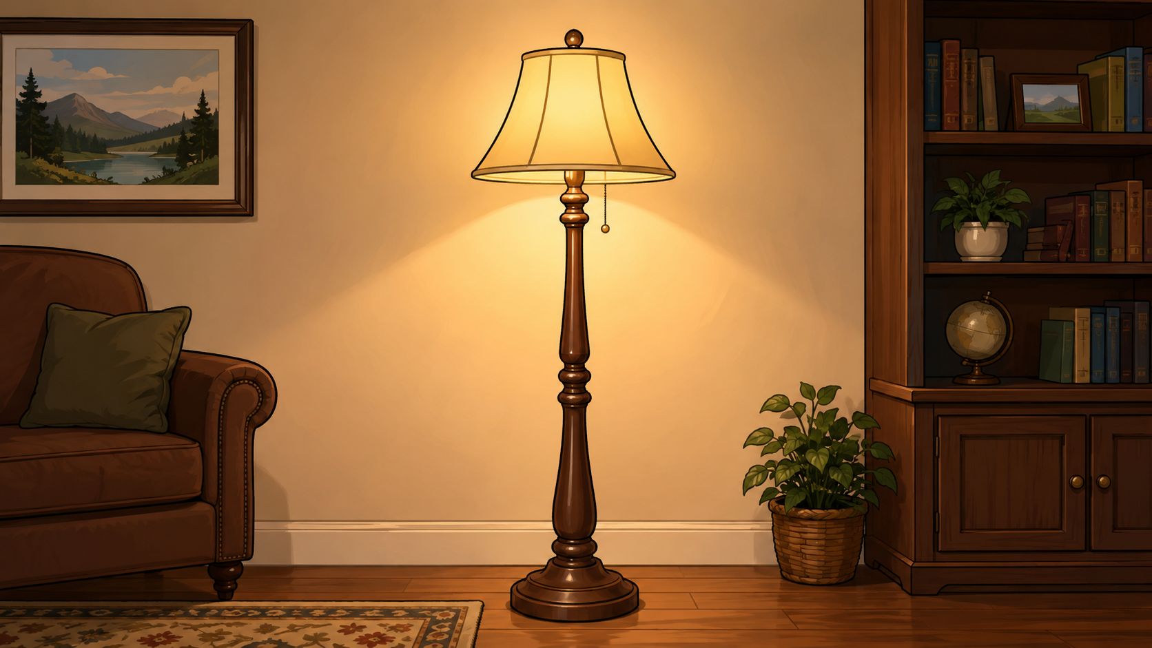 A warm, cozy living room featuring a classic brown wooden floor lamp standing beside a bookshelf.