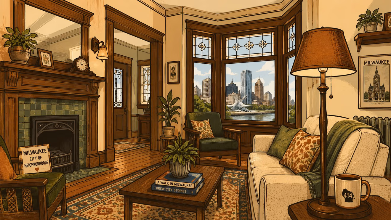 A cozy, vintage-style Milwaukee living room with a brown floor lamp, fireplace, and city skyline view.
