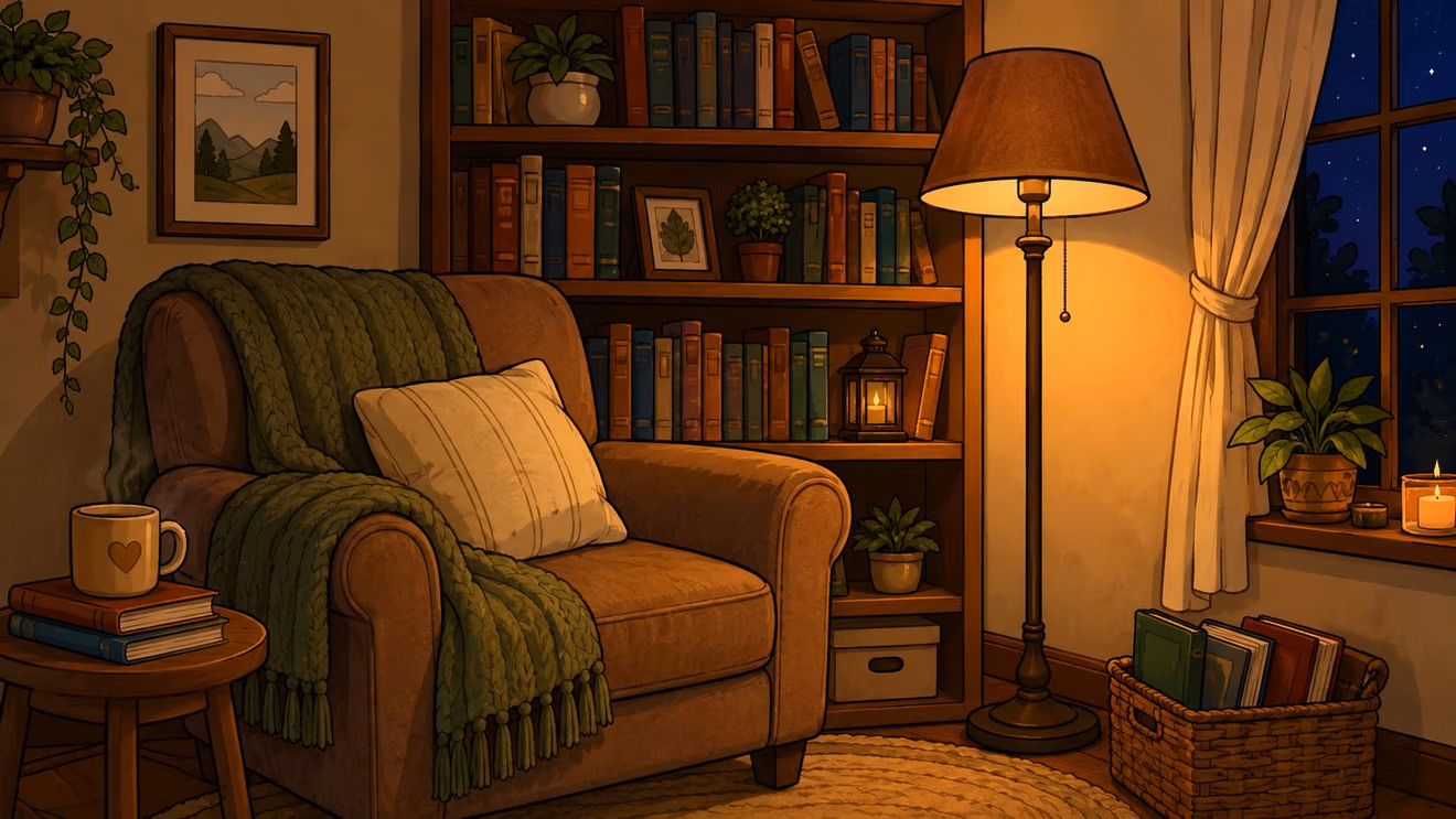 A cozy reading nook featuring an armchair, a brown floor lamp, bookshelves, and a window at night.