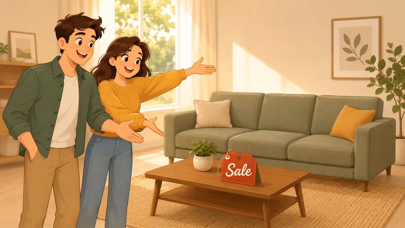 A happy couple standing in a living room, gesturing towards a green sofa on sale.