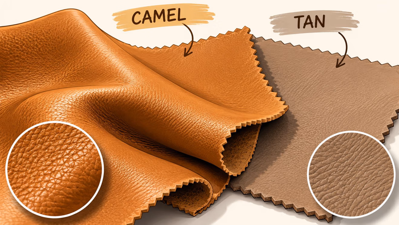 Fabric swatches showing a comparison between vibrant camel and muted tan leather textures.