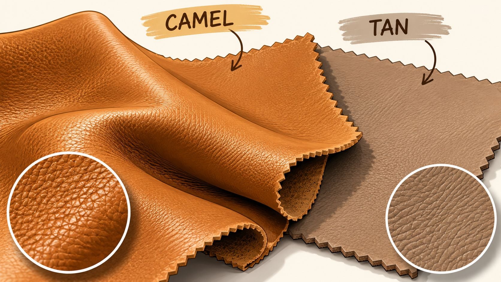 Fabric swatches showing a comparison between vibrant camel and muted tan leather textures.