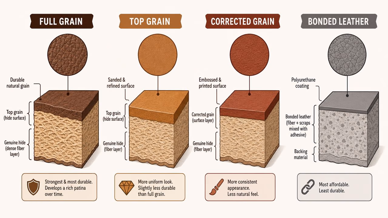 An educational diagram comparing four types of leather: full grain, top grain, corrected grain, and bonded leather.