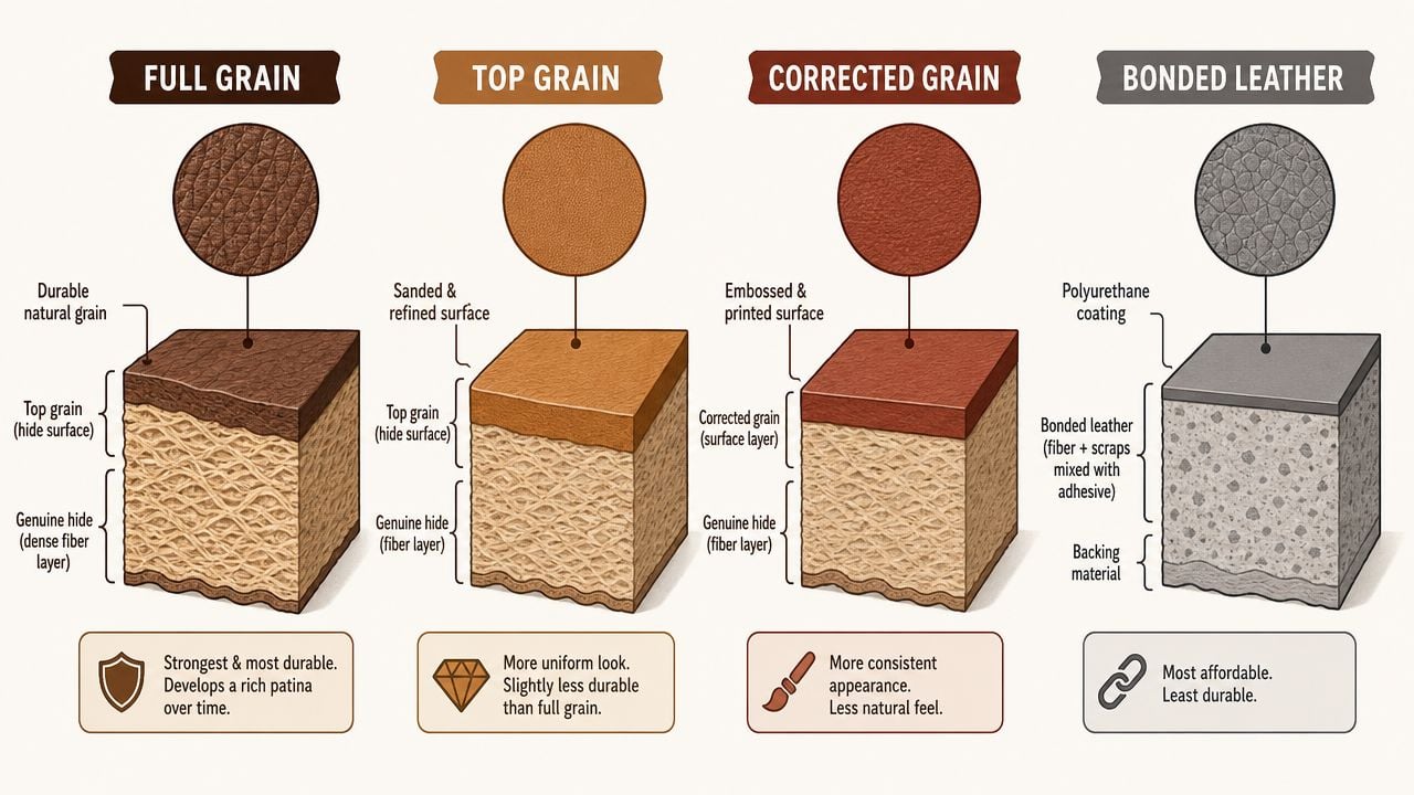 An educational diagram comparing four types of leather: full grain, top grain, corrected grain, and bonded leather.