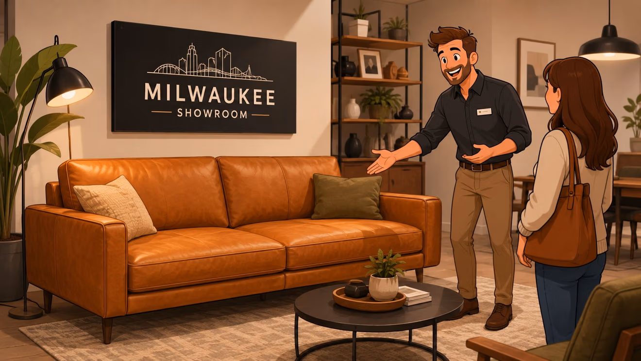 A friendly sales representative showing a stylish camel color leather couch to a customer in a showroom.