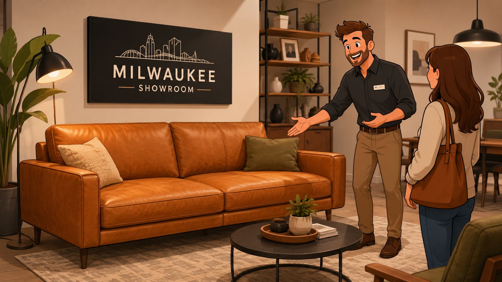 A friendly sales representative showing a stylish camel color leather couch to a customer in a showroom.