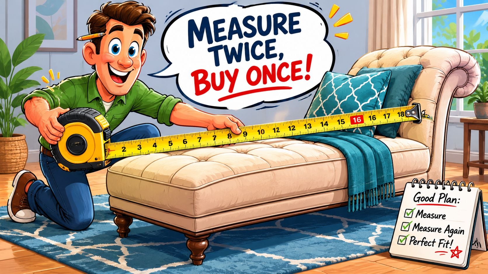 A happy man measuring a cream-colored chaise lounge with a yellow tape measure in a living room.