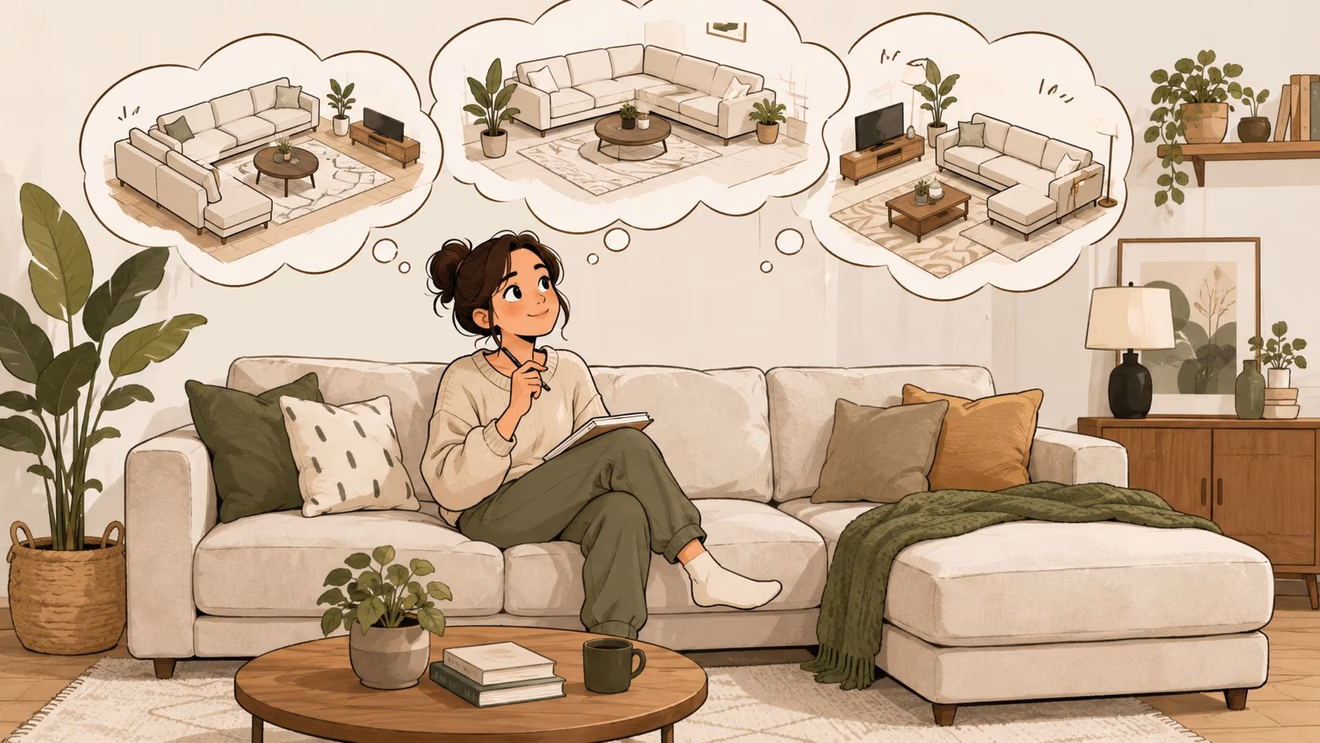 An artistic illustration of a woman on a comfortable sofa sketching different chaise lounge layout options.