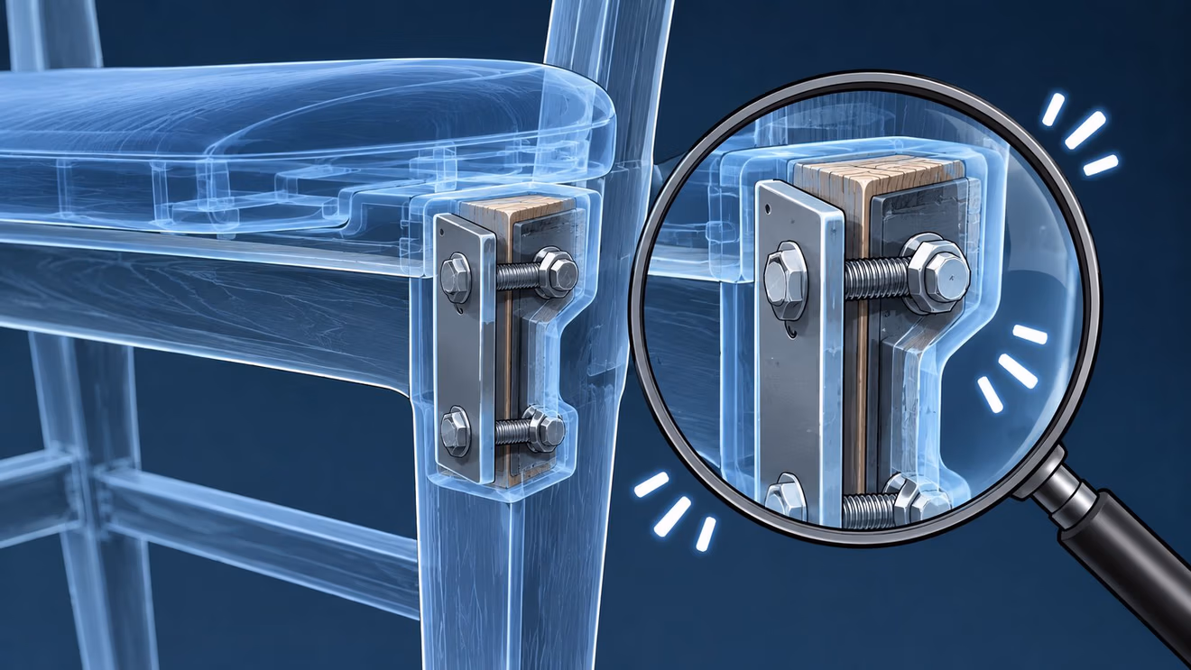 An x-ray view of a commercial chair showing internal metal bolts and brackets securing the legs.
