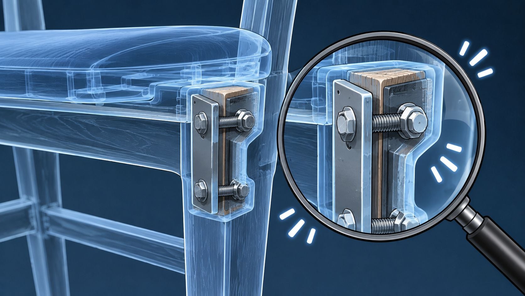 An x-ray view of a commercial chair showing internal metal bolts and brackets securing the legs.