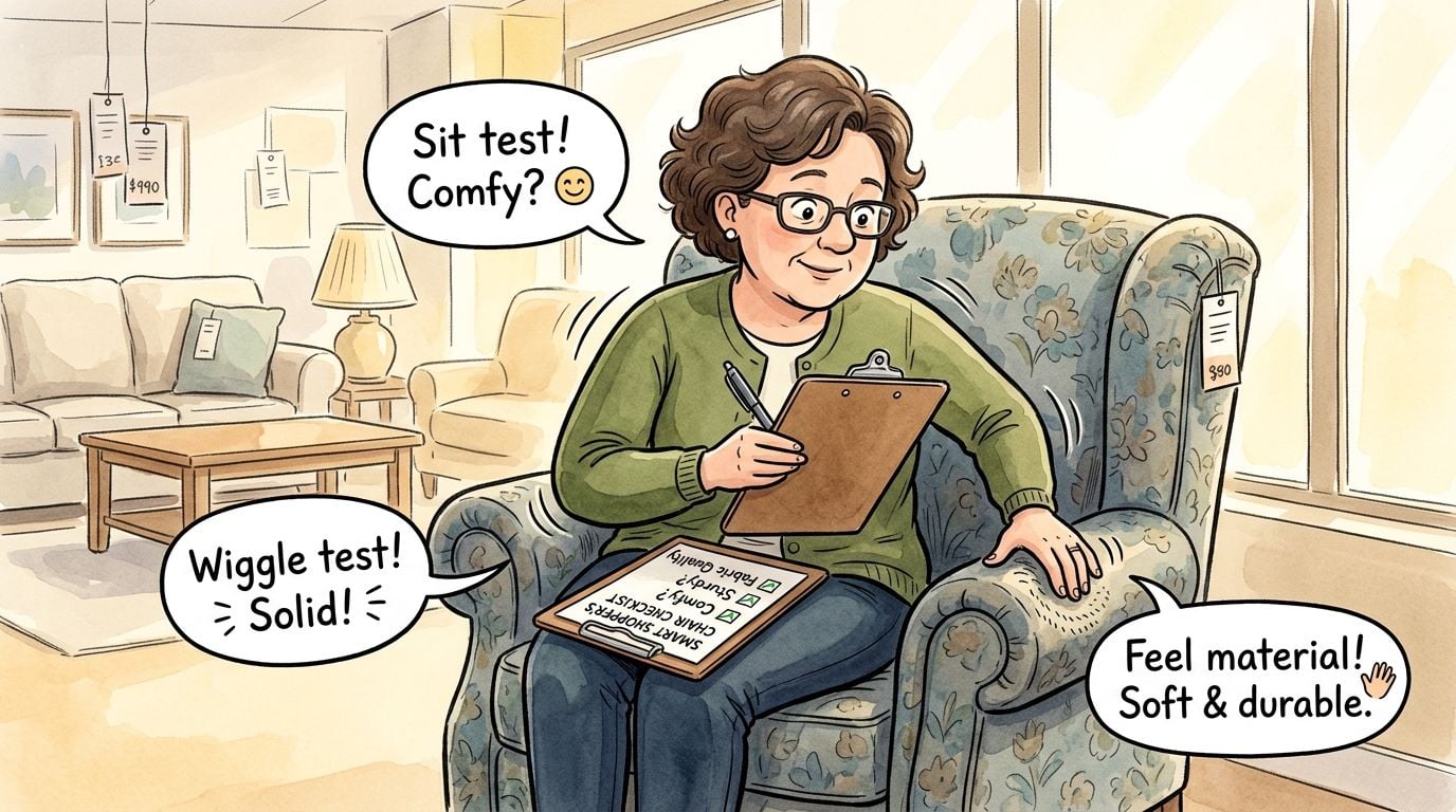 A woman in a furniture store performs a quality test on an armchair using a checklist.