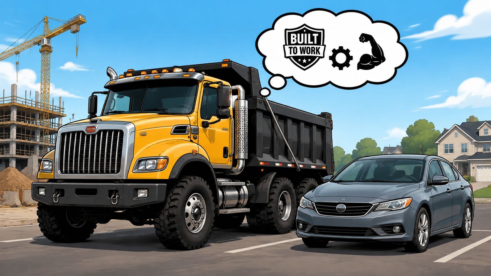 A large yellow dump truck parked next to a gray sedan with a thought bubble overhead.