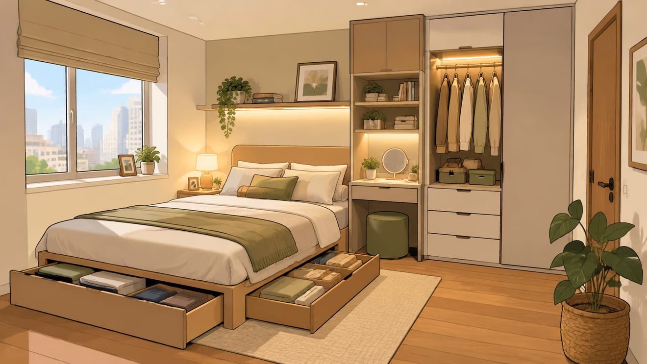 A cozy, modern bedroom with wood furniture, organized under-bed storage, and a minimalist vanity nook.