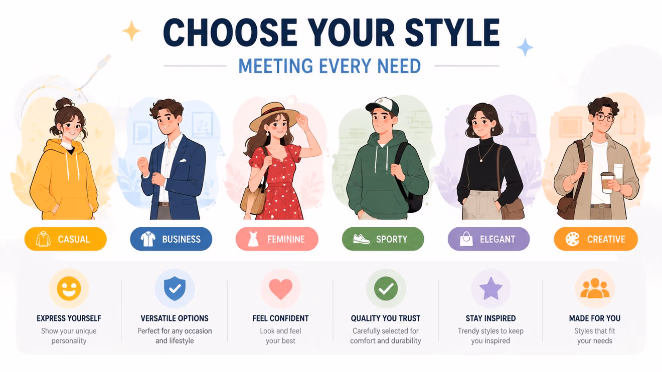 A diverse group of six illustrated characters representing different fashion styles like casual, business, feminine, sporty, elegant, and creative.