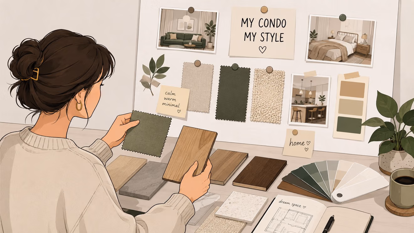 A woman designing interior décor for a condo using fabric swatches, wood samples, and an inspiration board.
