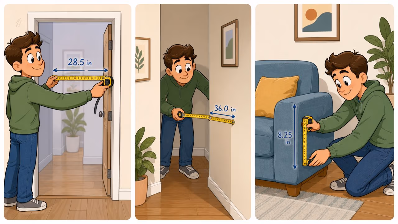 A young man measuring the dimensions of a doorway, hallway, and furniture for moving home.