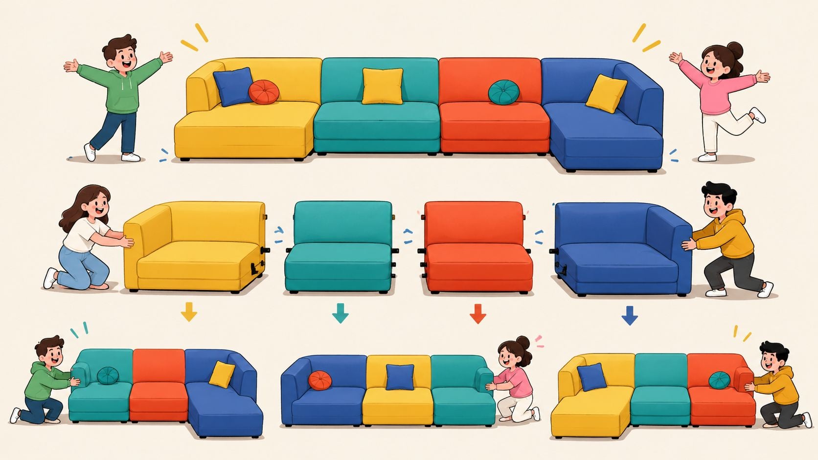 A colorful modular sectional sofa with various pieces being rearranged by children in an illustrated style.