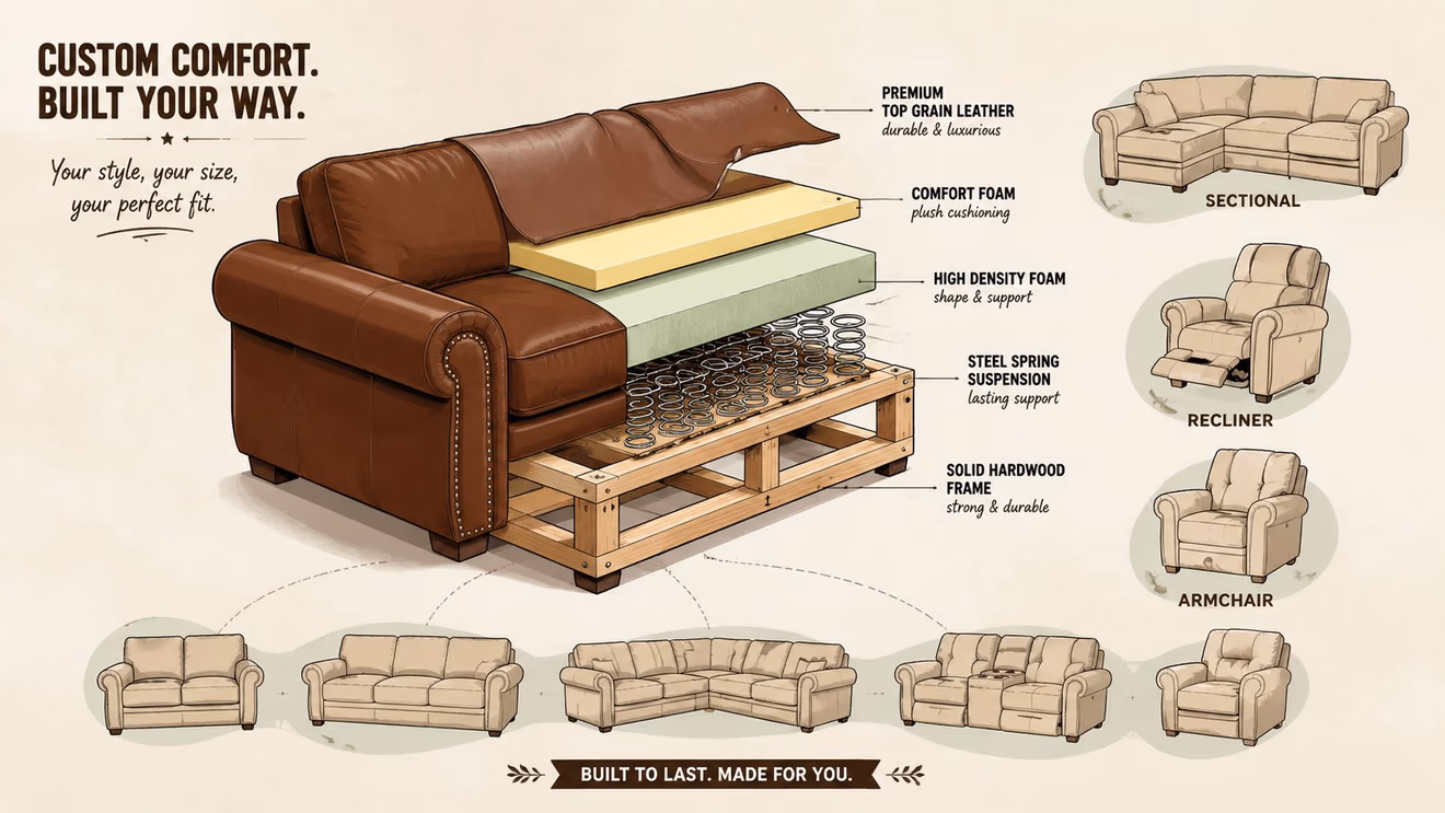 A detailed cross-section diagram of custom leather furniture, illustrating construction layers from frame to upholstery.