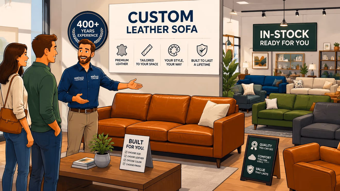 A friendly furniture store employee presenting custom leather sofa options to a couple in a showroom.