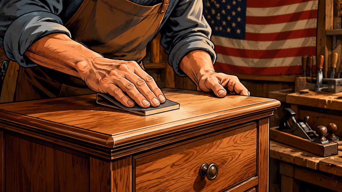 A skilled carpenter sanding a wooden cabinet in a workshop with an American flag in the background.