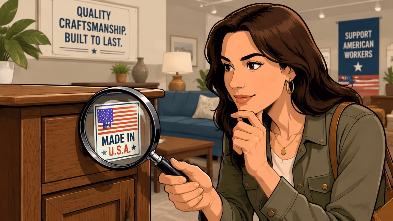 A woman inspecting a wooden piece of furniture with a magnifying glass that shows Made in USA.