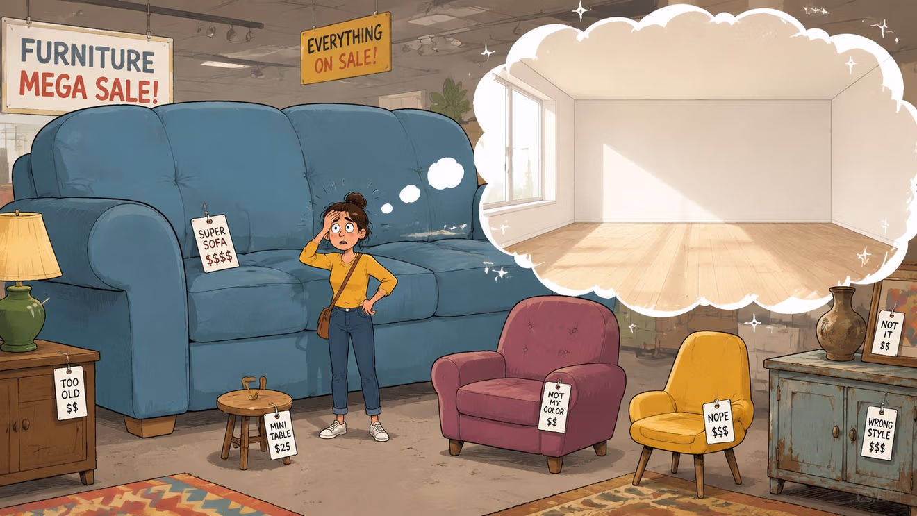 A woman shopping for furniture feels overwhelmed by large, mismatching items in a store, thinking of an empty room.