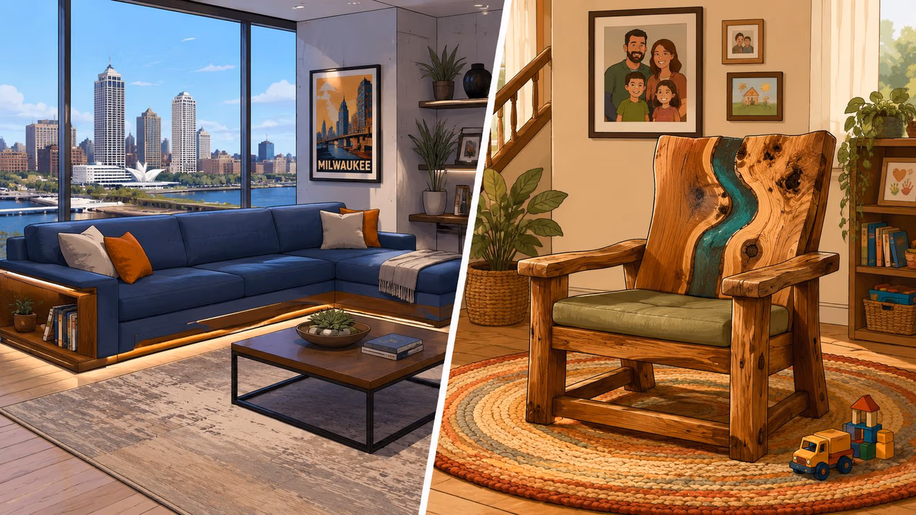 A split screen comparing a modern apartment with city views and a cozy home featuring custom woodworking.