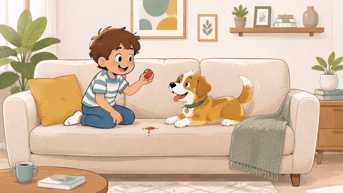 A young boy sits on a beige sofa holding a small red treat for his golden puppy.