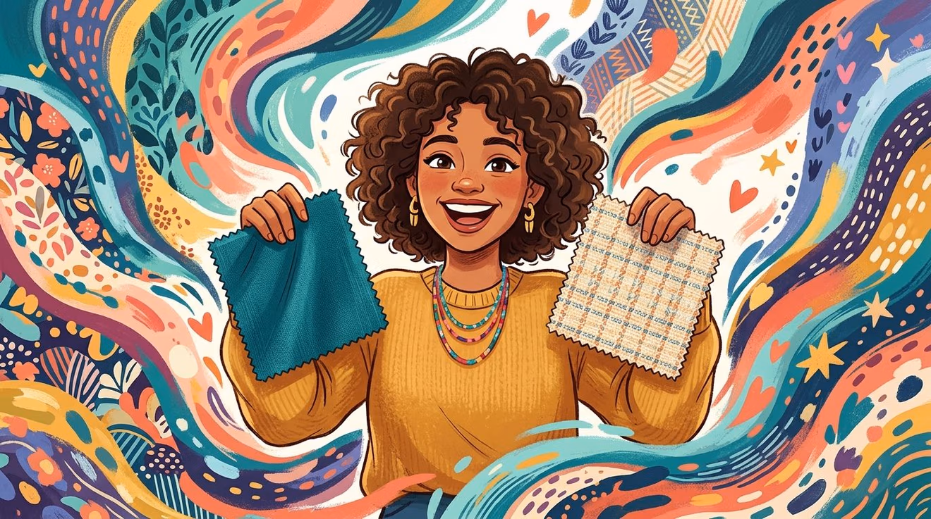 A happy woman holding two different samples of custom upholstery fabric against a colorful abstract background.