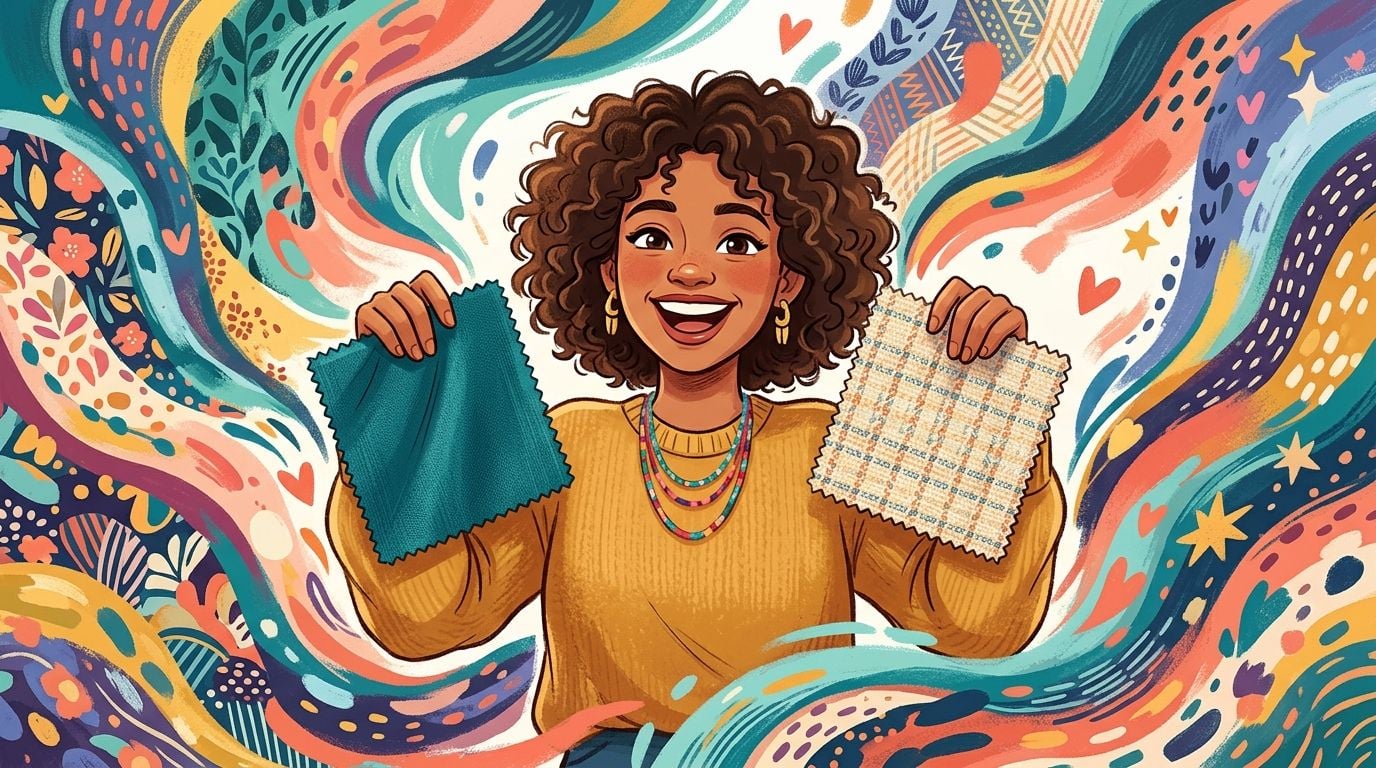 A happy woman holding two different samples of custom upholstery fabric against a colorful abstract background.