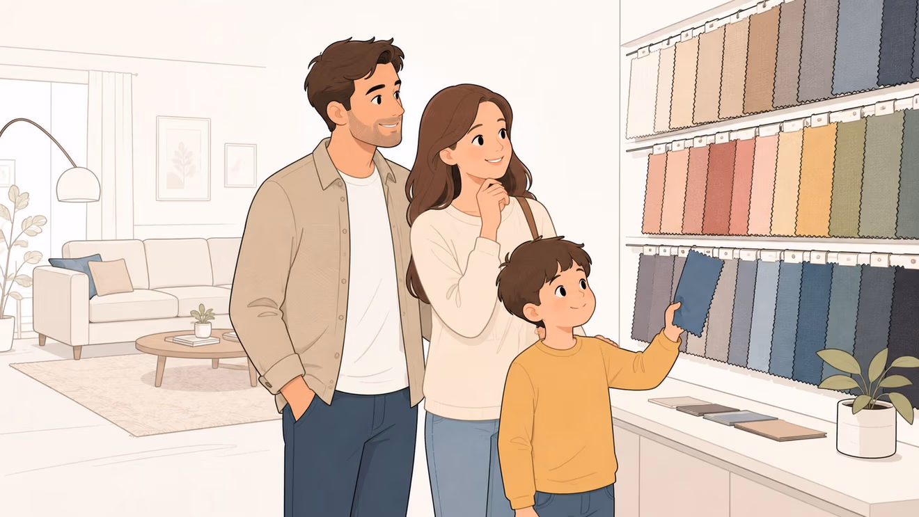 A family picking out custom upholstery fabric color samples at a home decor showroom interior store.