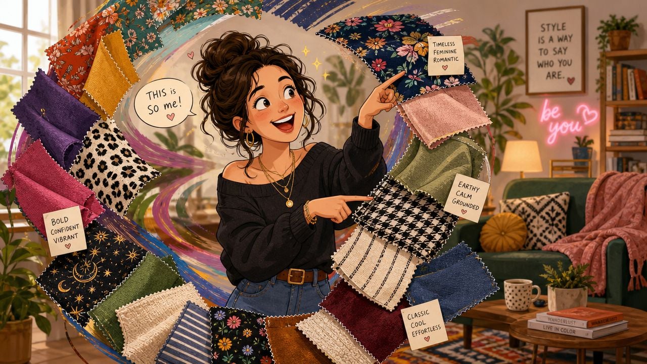 A joyful woman showcasing various fabric swatches for custom upholstery with descriptive labels in a cozy room.