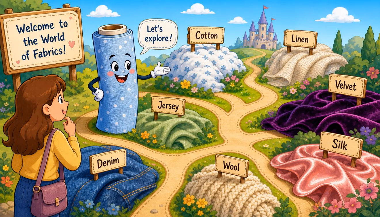 An illustration of a friendly fabric character introducing various materials like cotton, denim, and silk to a girl.
