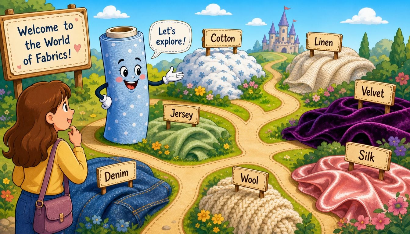 An illustration of a friendly fabric character introducing various materials like cotton, denim, and silk to a girl.