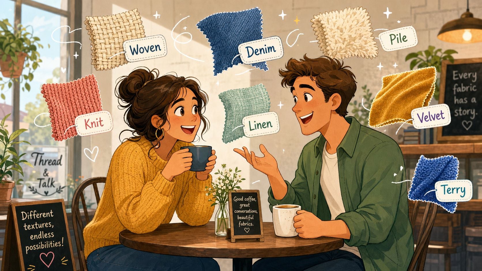 A young couple sitting at a cafe table discussing various textile fabric swatches with labeled textures.