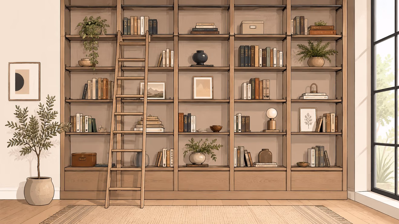 A large, floor-to-ceiling wooden bookshelf with a sliding library ladder in a cozy, minimalist home office.